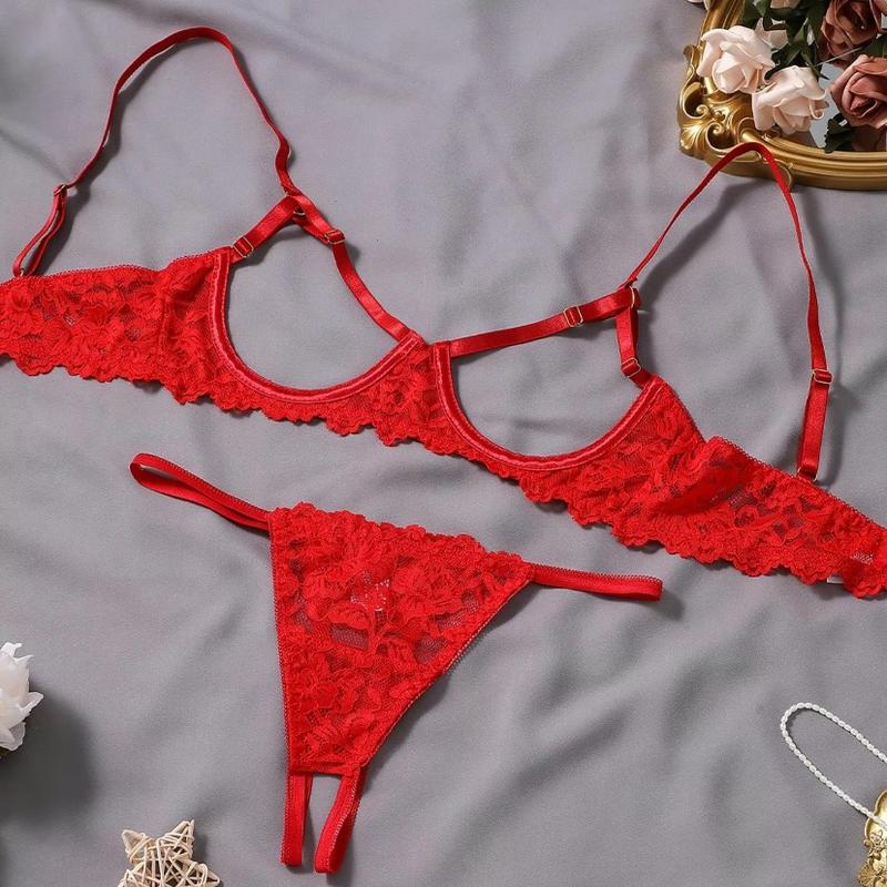 Women's Floral Lace Sexy Lingerie Set,Sexy Cut Out Underwire Bra & Open Crotch Design Thong Two-Piece Set, Lingerie Set for Women,2000s Wear Floral Lace Women's Silk romantic underwear two-piece wear