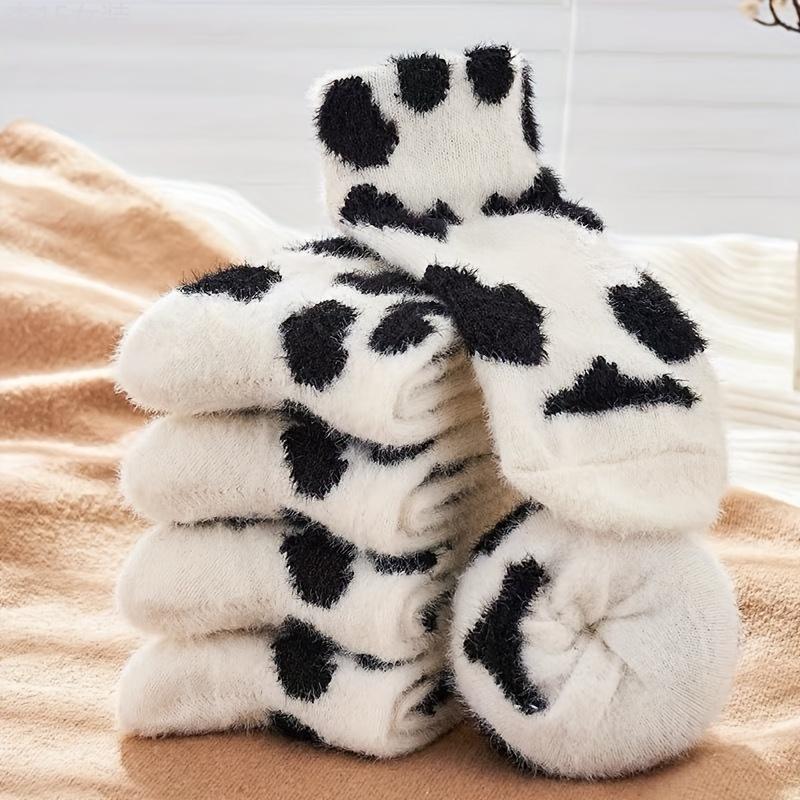 Cute Cow Spots Print Socks, Thickened & Warm Coral Fleece Socks, Women's Stockings & Hosiery Fabric Spandex