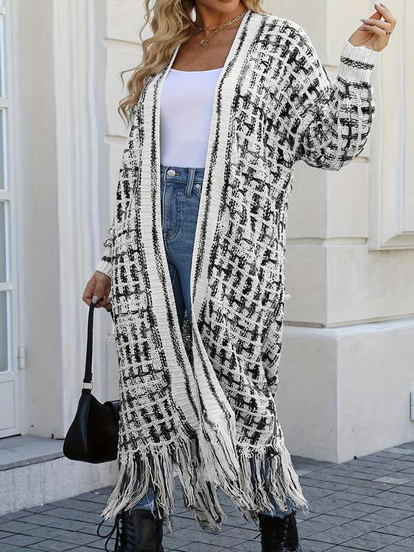 Plus Size Plaid Print Fringe Trim Long Cardigan, Casual Long Sleeve Open Front Knitwear for Daily Wear, Women's Knit Clothing for All Seasons