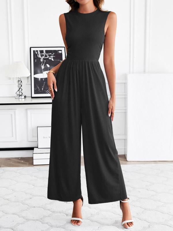 Women's Solid Pocket Zipper  Wide Leg Jumpsuit, Casual Sleeveless Round Neck Jumpsuit for Summer, Women's Jumpsuit for Daily Wear