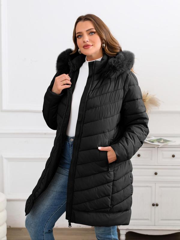  Solid Contrast Faux Fur Trim Zip Up Hooded Quilted Jacket, Casual Long Sleeve Pocket Outerwear for Fall & Winter, Women's Clothes for Daily Wear