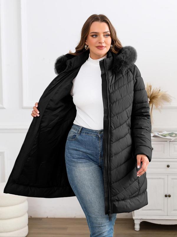  Solid Contrast Faux Fur Trim Zip Up Hooded Quilted Jacket, Casual Long Sleeve Pocket Outerwear for Fall & Winter, Women's Clothes for Daily Wear