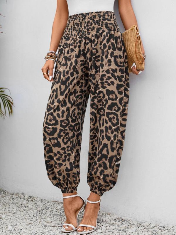 Women's Leopard Print Pocket Shirred Waist Pants, Casual Comfy Trousers for Daily Wear, Ladies Bottoms for Fall & Winter