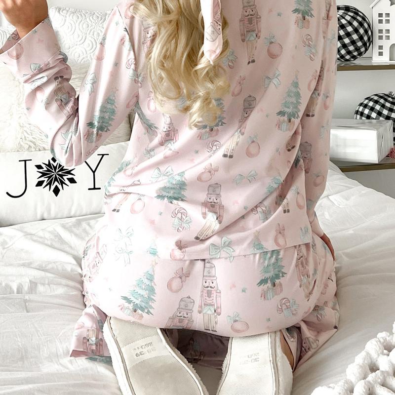 Women Christmas Pajamas Nutcracker Santa Bow Xmas Tree Cute Satin Christmas Pjs Set Two Piece Button Down Pajama Sets