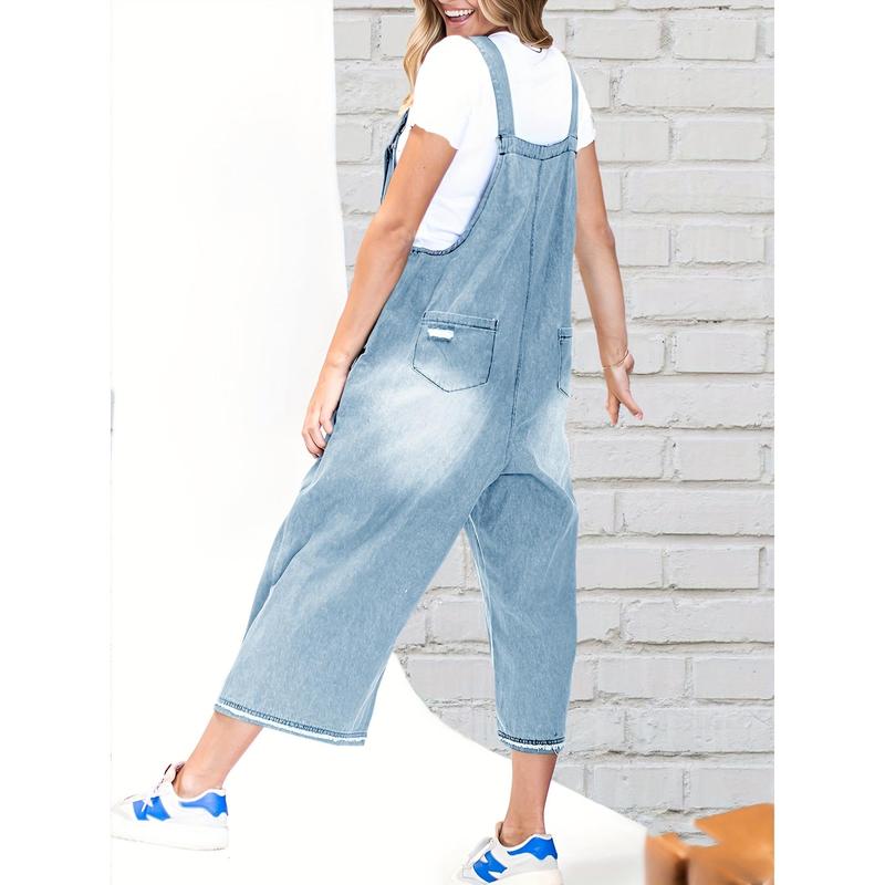 Women's Casual Denim Overalls Loose Adjustable Strap Distressed Bib Jeans Overall Jumpsuits With Pocket