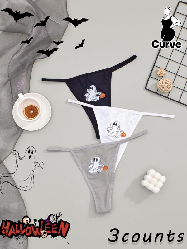 Plus 3pcs Cartoon Ghost Pumpkin Print Thong Set, Casual Comfortable Breathable Knicker for Lady Daily Wear, Women Plus Size Underwear for All Seasons, Womenswear