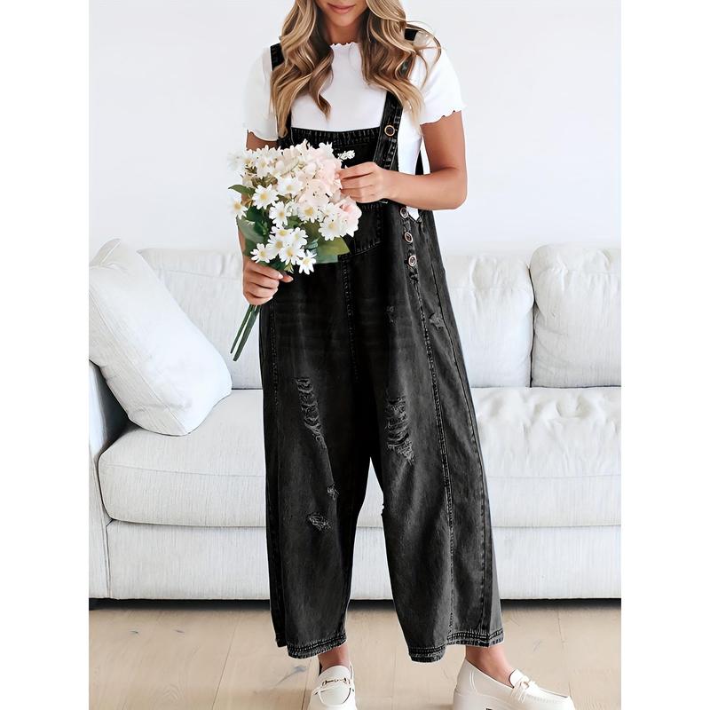 Women's Casual Denim Overalls Loose Adjustable Strap Distressed Bib Jeans Overall Jumpsuits With Pocket