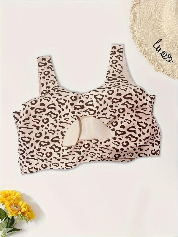 Women's Leopard Print Cut Out Back Wireless Bra, Soft Comfortable Breathable Bralette, Lingerie for All Seasons