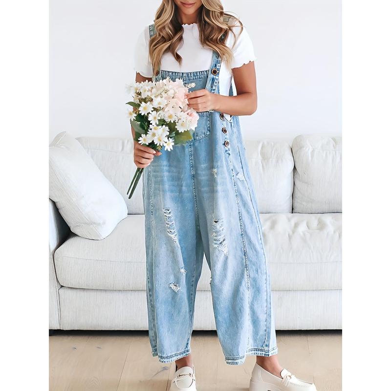 Women's Casual Denim Overalls Loose Adjustable Strap Distressed Bib Jeans Overall Jumpsuits With Pocket