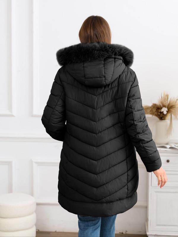  Solid Contrast Faux Fur Trim Zip Up Hooded Quilted Jacket, Casual Long Sleeve Pocket Outerwear for Fall & Winter, Women's Clothes for Daily Wear