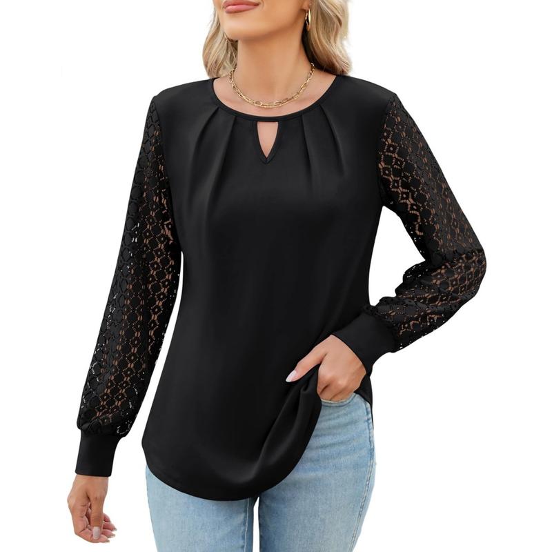 2024 Cross-Border European and American Women's Clothing  Early Autumn New Knitted Lace Stitching Long Sleeve round Neck Hollow T-shirt