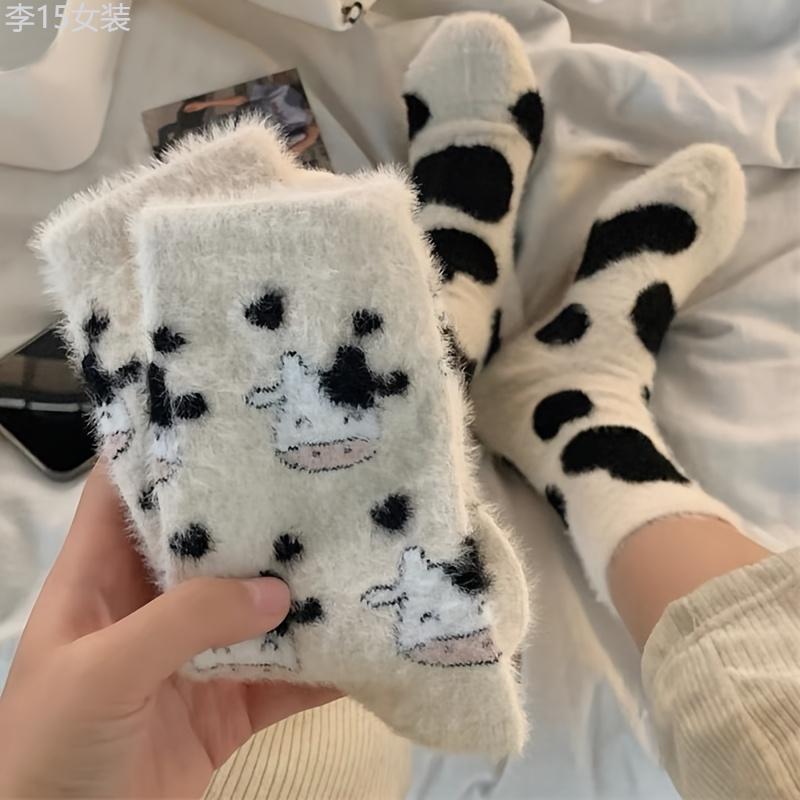 Cute Cow Spots Print Socks, Thickened & Warm Coral Fleece Socks, Women's Stockings & Hosiery Fabric Spandex