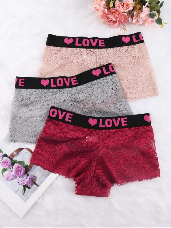 Women's Floral Lace Letter Tape Boyshorts, Soft Comfy Breathable Semi-sheer Panties for Daily Wear, Lady's Underwear for All Seasons