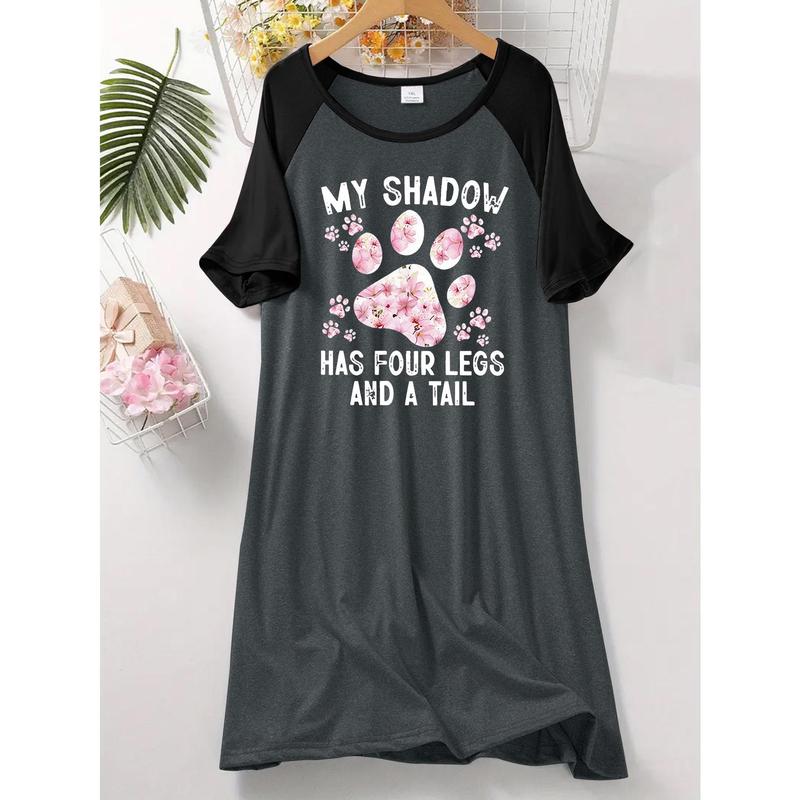 Women's Plus Casual Sleep Dress, Plus Size Floral Dog Paw & Letter Print Short Raglan Sleeve Round Neck Tee Nightdress