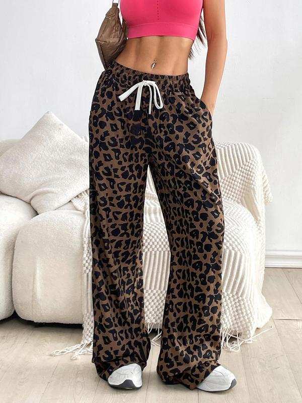 Women's Leopard Print Drawstring Waist Corduroy Pants, Casual Pocket Trousers for Outdoor Wear, Ladies Bottoms for All Seasons