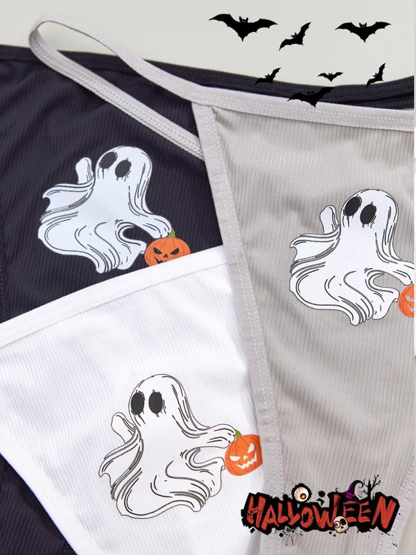 Plus 3pcs Cartoon Ghost Pumpkin Print Thong Set, Casual Comfortable Breathable Knicker for Lady Daily Wear, Women Plus Size Underwear for All Seasons, Womenswear