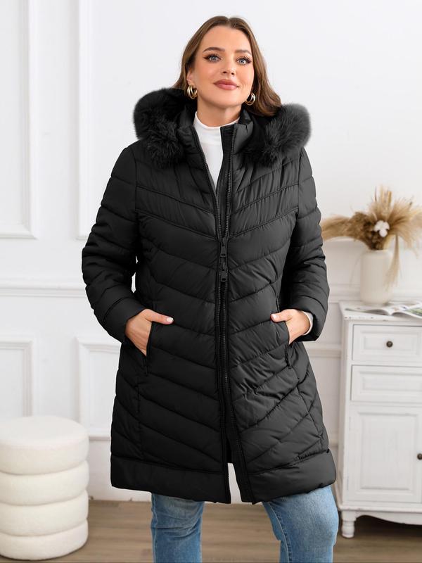  Solid Contrast Faux Fur Trim Zip Up Hooded Quilted Jacket, Casual Long Sleeve Pocket Outerwear for Fall & Winter, Women's Clothes for Daily Wear