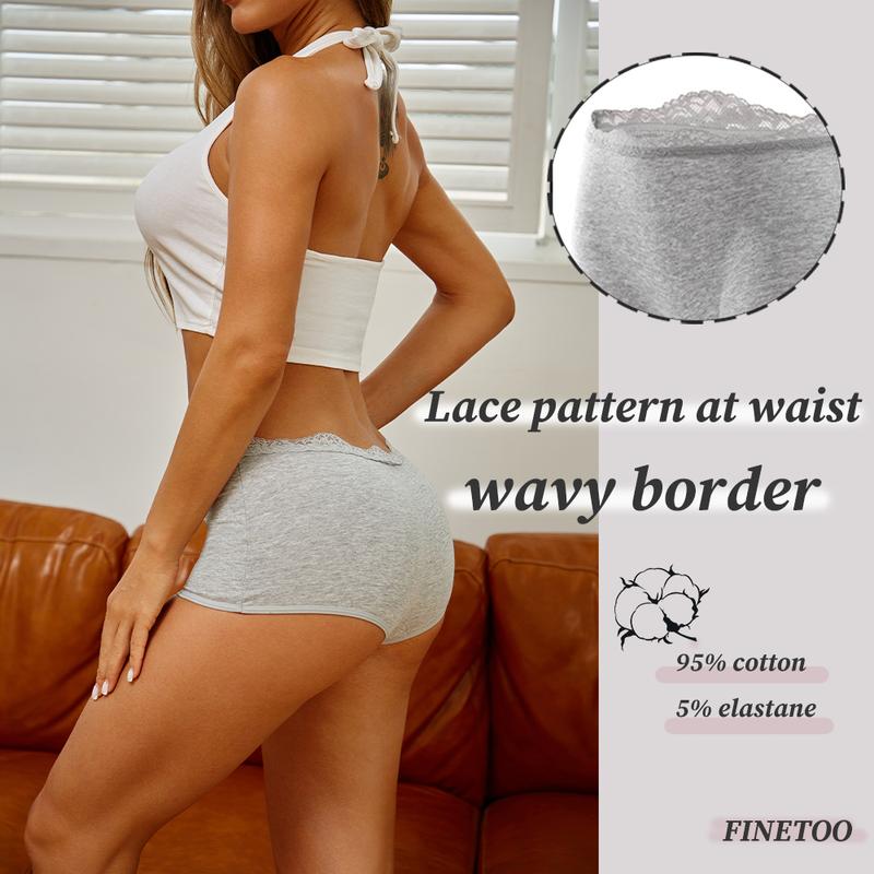 FINETOO 6pcs Boyshort Underwear for Women Cotton Boxer Briefs Full Coverage Ladies BoyShorts Panties  Lace Wave Design Sweet Ladies Panties S-2XL