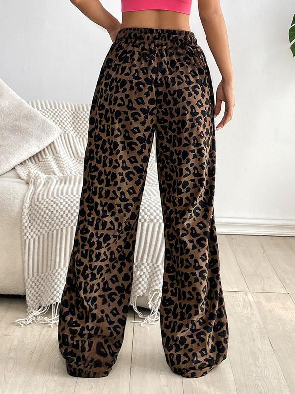 Women's Leopard Print Drawstring Waist Corduroy Pants, Casual Pocket Trousers for Outdoor Wear, Ladies Bottoms for All Seasons