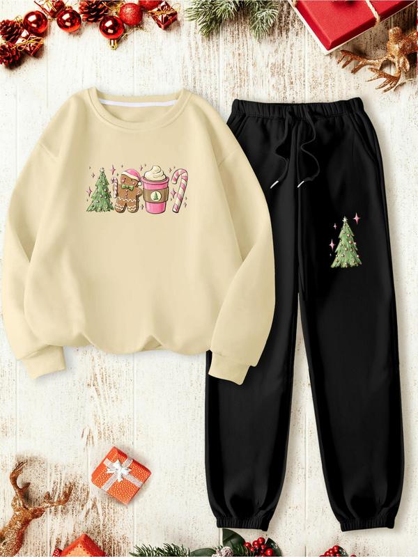 Two-piece Set Women's Christmas Print Thermal Lined Sweatshirt & Elastic Waist Sweatpants, Casual Fashion Cozy Round Neck Long Sleeve Pullover & Pocket Jogger Pants for Daily Wear, Ladies Fall & Winter Clothes