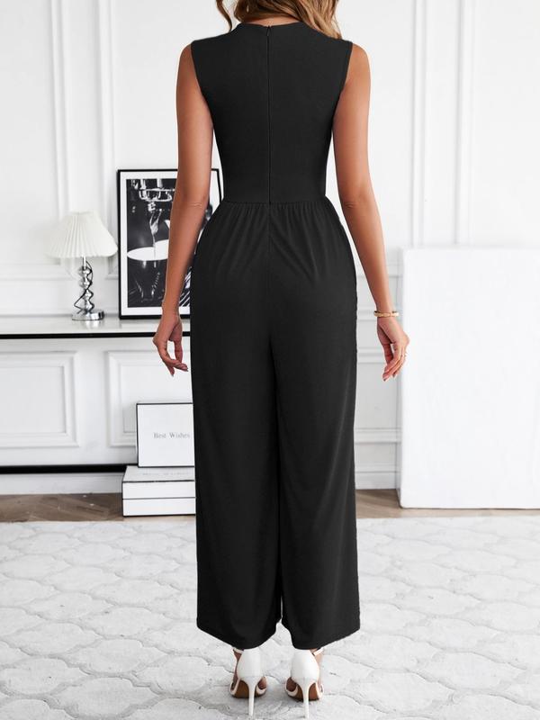 Women's Solid Pocket Zipper  Wide Leg Jumpsuit, Casual Sleeveless Round Neck Jumpsuit for Summer, Women's Jumpsuit for Daily Wear