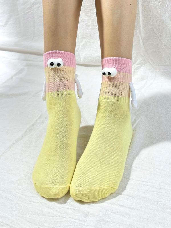 Women's Ombre & Cartoon Eye Design Crew Socks, Casual Moisture Wicking Socks, Soft Comfy Breathable Socks for All Seasons Daily Wear