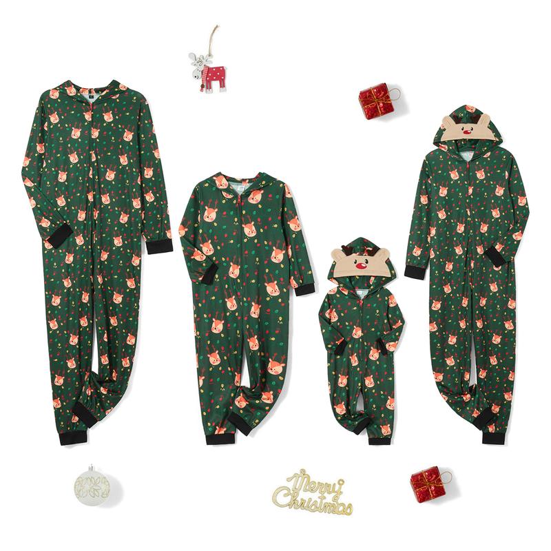 Christmas Pajamas For Family, Long Sleeve Hooded Deer Print Zipper Closure Jumpsuit Loungewear