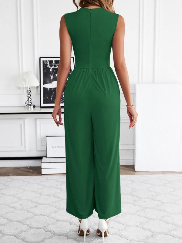 Women's Solid Pocket Zipper  Wide Leg Jumpsuit, Casual Sleeveless Round Neck Jumpsuit for Summer, Women's Jumpsuit for Daily Wear