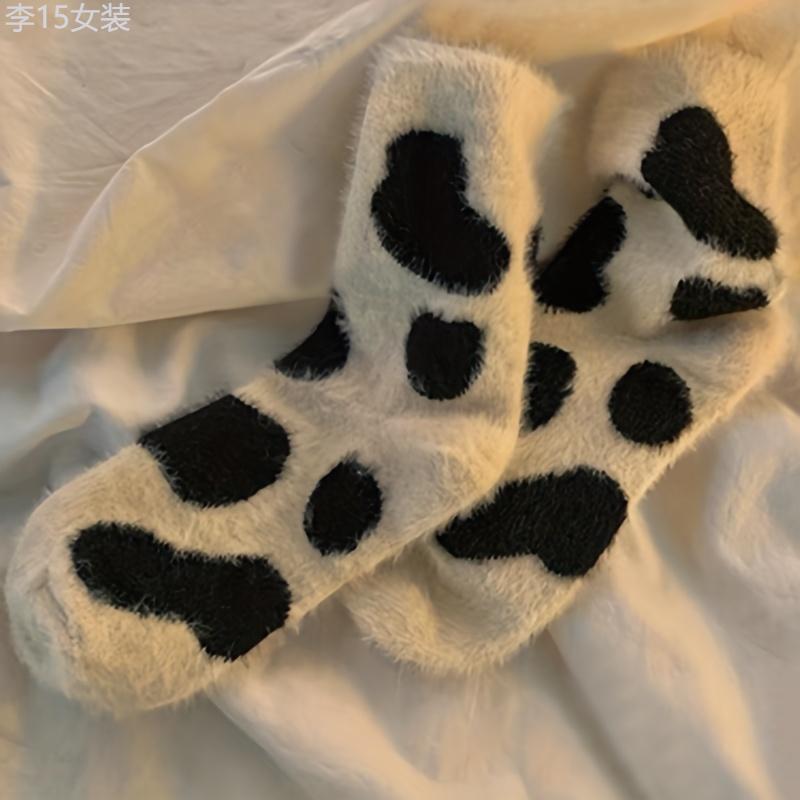 Cute Cow Spots Print Socks, Thickened & Warm Coral Fleece Socks, Women's Stockings & Hosiery Fabric Spandex