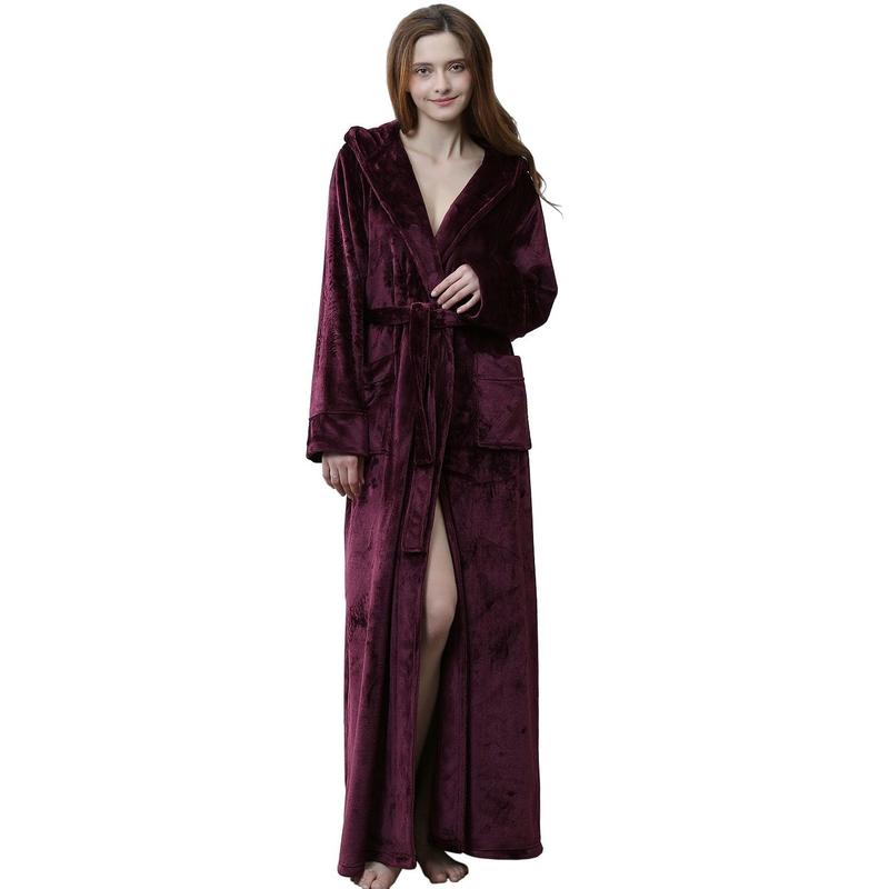 Womens Soft Hooded  Plush Robe, Luxury Fluffy Robe Long Fleece Spa Bathrobe for Women (M, Wine Red)