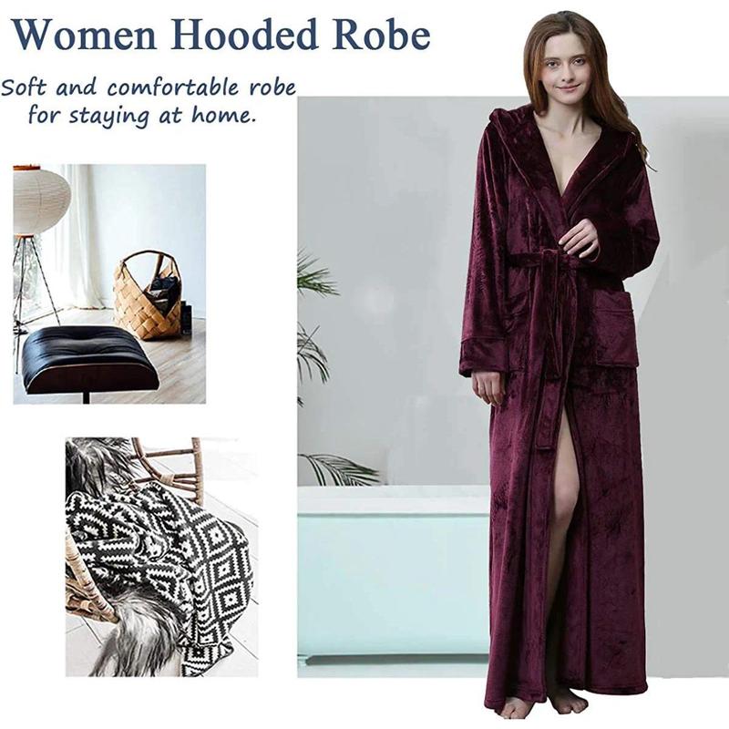 Womens Soft Hooded  Plush Robe, Luxury Fluffy Robe Long Fleece Spa Bathrobe for Women (M, Wine Red)