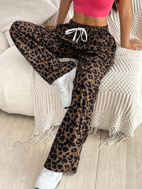 Women's Leopard Print Drawstring Waist Corduroy Pants, Casual Pocket Trousers for Outdoor Wear, Ladies Bottoms for All Seasons