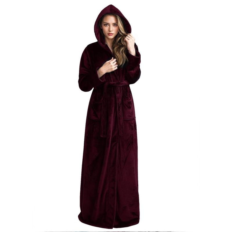 Womens Soft Hooded  Plush Robe, Luxury Fluffy Robe Long Fleece Spa Bathrobe for Women (M, Wine Red)