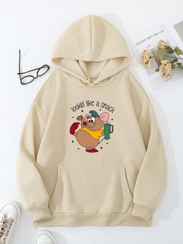  Cartoon Mouse Print Hoodie, Casual Long Sleeve Hooded Sweatshirt for Spring & Fall, Women's Clothing for Daily Wear