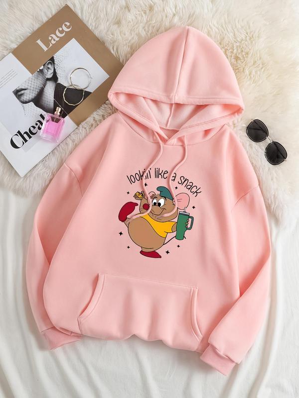  Cartoon Mouse Print Hoodie, Casual Long Sleeve Hooded Sweatshirt for Spring & Fall, Women's Clothing for Daily Wear