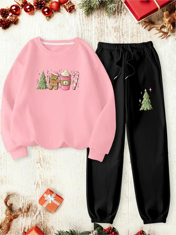 Two-piece Set Women's Christmas Print Thermal Lined Sweatshirt & Elastic Waist Sweatpants, Casual Fashion Cozy Round Neck Long Sleeve Pullover & Pocket Jogger Pants for Daily Wear, Ladies Fall & Winter Clothes