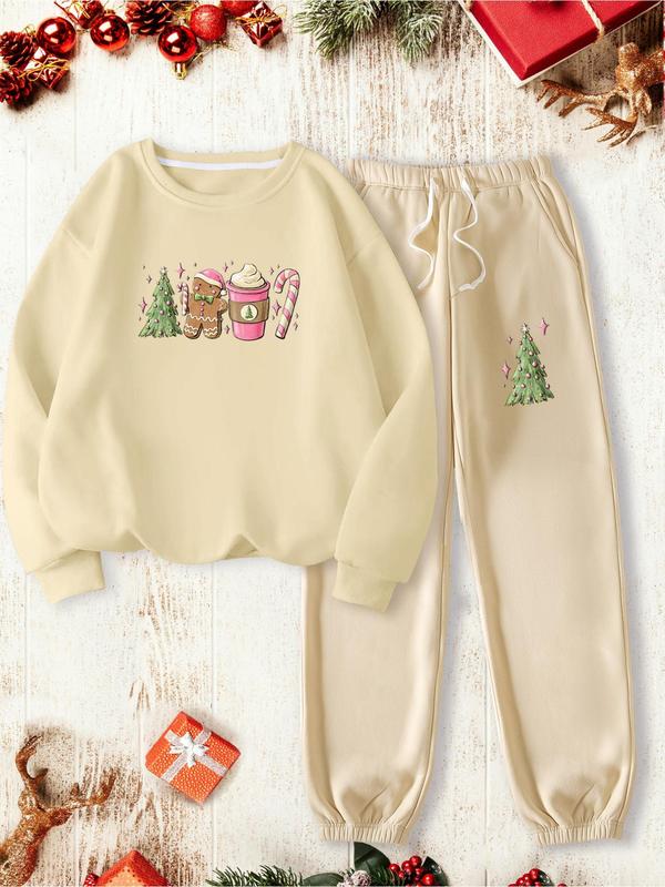 Two-piece Set Women's Christmas Print Thermal Lined Sweatshirt & Elastic Waist Sweatpants, Casual Fashion Cozy Round Neck Long Sleeve Pullover & Pocket Jogger Pants for Daily Wear, Ladies Fall & Winter Clothes