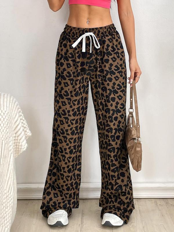 Women's Leopard Print Drawstring Waist Corduroy Pants, Casual Pocket Trousers for Outdoor Wear, Ladies Bottoms for All Seasons