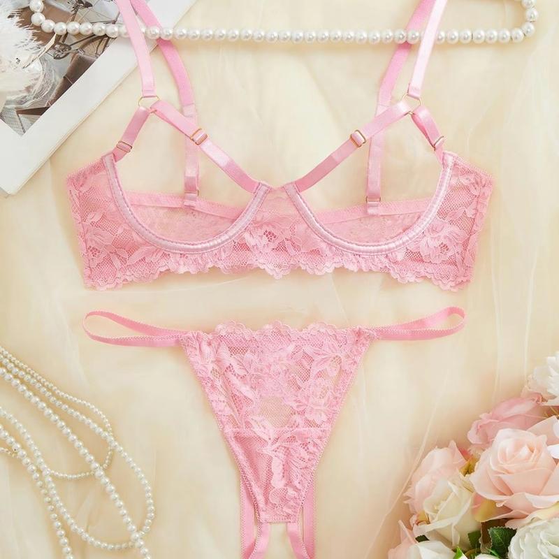 Women's Floral Lace Sexy Lingerie Set,Sexy Cut Out Underwire Bra & Open Crotch Design Thong Two-Piece Set, Lingerie Set for Women,2000s Wear Floral Lace Women's Silk romantic underwear two-piece wear