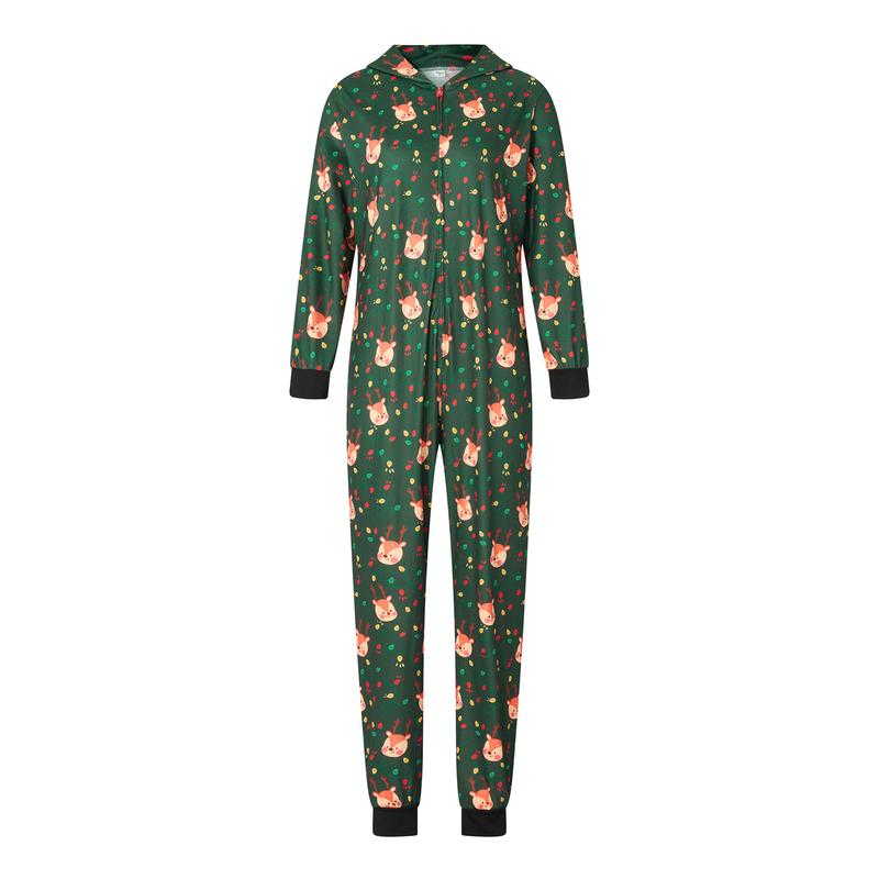 Christmas Pajamas For Family, Long Sleeve Hooded Deer Print Zipper Closure Jumpsuit Loungewear