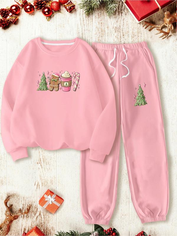 Two-piece Set Women's Christmas Print Thermal Lined Sweatshirt & Elastic Waist Sweatpants, Casual Fashion Cozy Round Neck Long Sleeve Pullover & Pocket Jogger Pants for Daily Wear, Ladies Fall & Winter Clothes