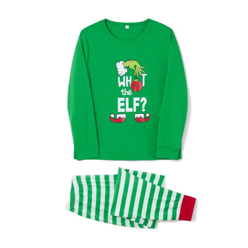 Green Christmas Pajamas For Family Family Pajamas Matching Set Christmas Elf Print Long Sleeve Tops and Elastic Striped Pants Loungewear Soft Sleepwear