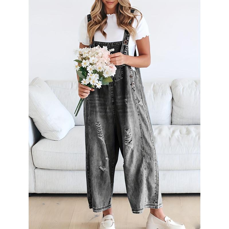 Women's Casual Denim Overalls Loose Adjustable Strap Distressed Bib Jeans Overall Jumpsuits With Pocket