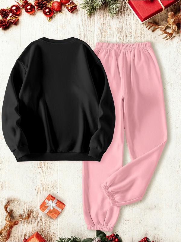 Two-piece Set Women's Christmas Print Thermal Lined Sweatshirt & Elastic Waist Sweatpants, Casual Fashion Cozy Round Neck Long Sleeve Pullover & Pocket Jogger Pants for Daily Wear, Ladies Fall & Winter Clothes