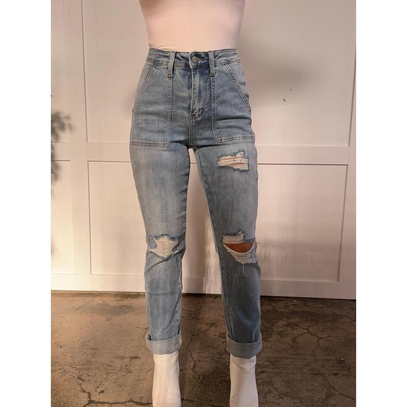 Self Love Distressed Straight Jeans with Patch Pockets