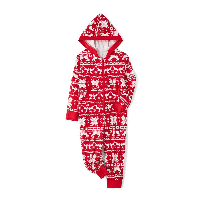 2024 New Family Matching Christmas Pajamas Romper Snowflake Deer Print Hooded Long Sleeve Zipper-Up Jumpsuits Xmas Pj's Clothes Homewear Sleepwear Loungewear Nightwear Womenswear Check