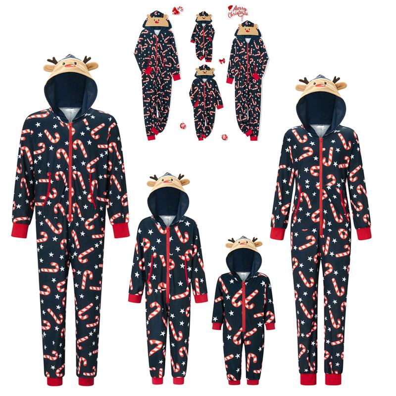Family Matching Christmas Jumpsuit Deer Pajamas Candy Cane Print Holiday Pajamas Sleepwear Dad Mom PJs