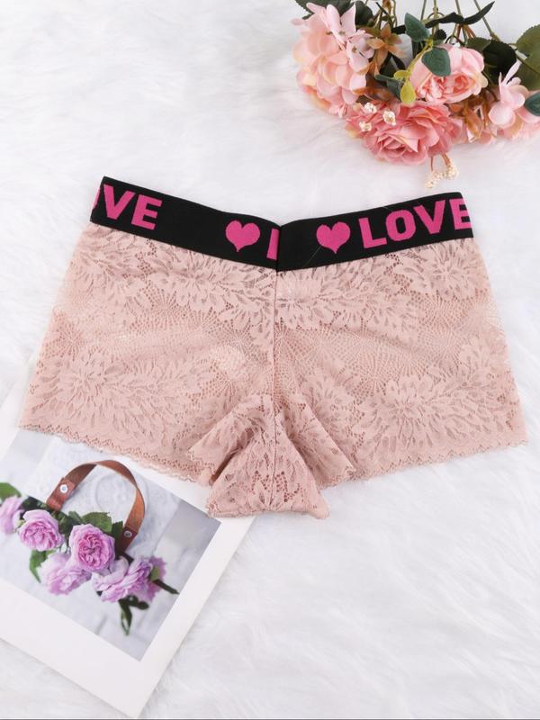 Women's Floral Lace Letter Tape Boyshorts, Soft Comfy Breathable Semi-sheer Panties for Daily Wear, Lady's Underwear for All Seasons