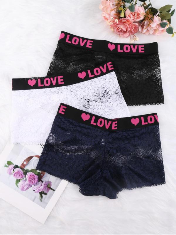 Women's Floral Lace Letter Tape Boyshorts, Soft Comfy Breathable Semi-sheer Panties for Daily Wear, Lady's Underwear for All Seasons