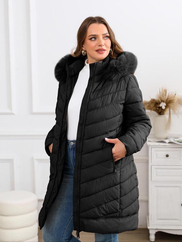  Solid Contrast Faux Fur Trim Zip Up Hooded Quilted Jacket, Casual Long Sleeve Pocket Outerwear for Fall & Winter, Women's Clothes for Daily Wear